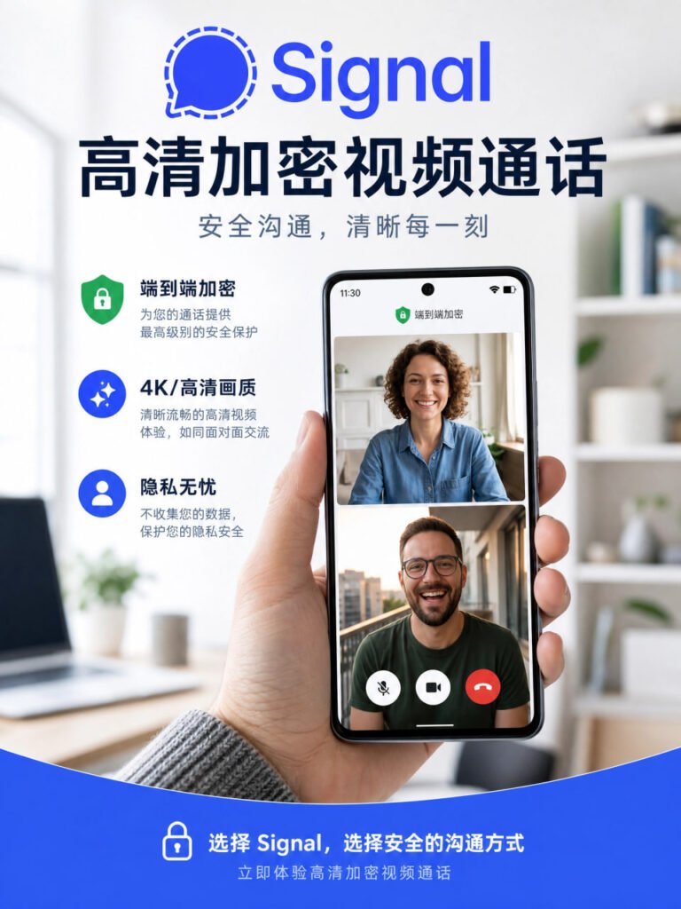 Signal 高清加密视频通话，720P 高清端到端私密聊天界面，Signal 安全通讯软件视频通话展示